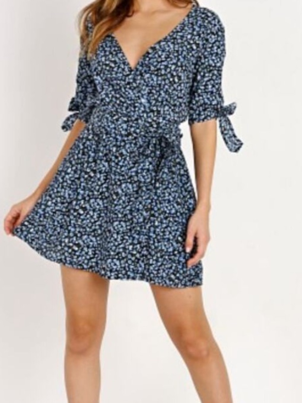 Faithfull The Brand Anthropologie Floral Wrap Mini Dress in Navy Blue Size 4